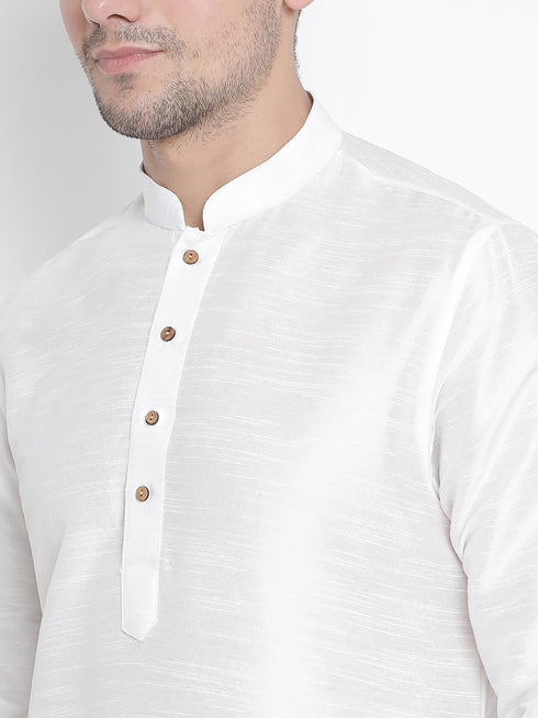 Vastramay Vastramay Men's White Silk Blend Curved Kurta Dhoti Set